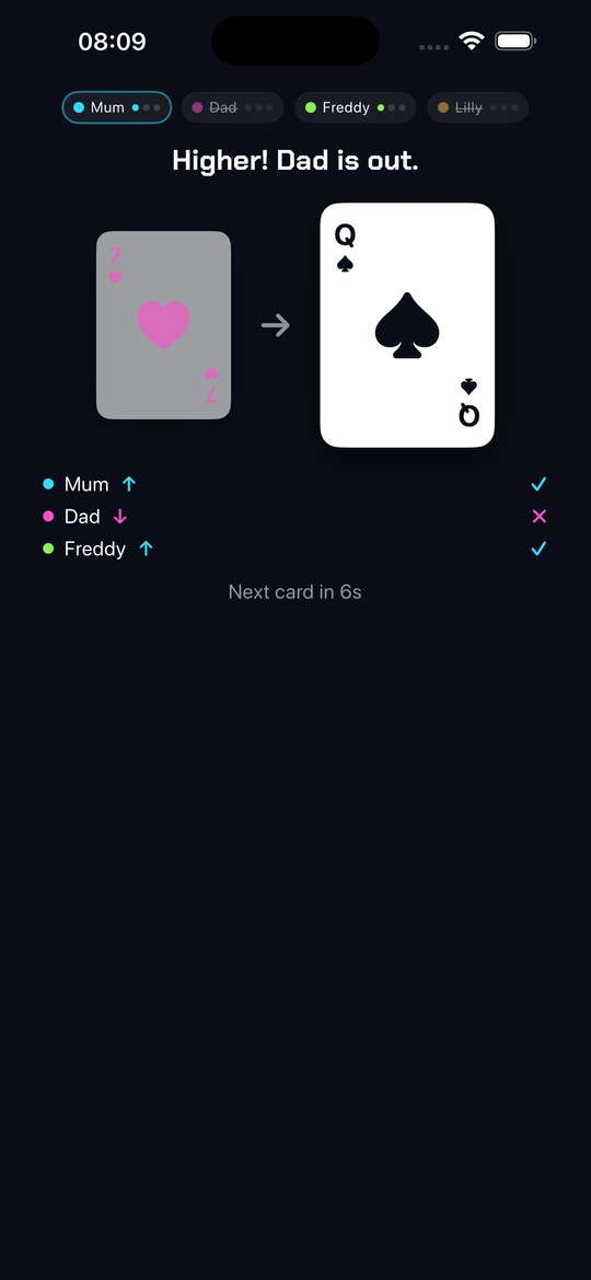 Higher or Lower — calling the next card